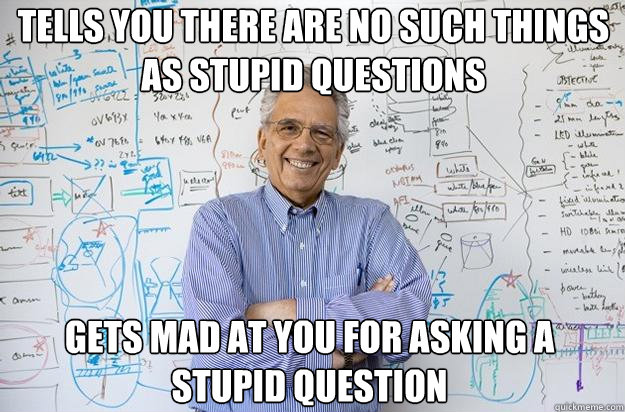 Tells you there are no such things as stupid questions Gets mad at you for asking a stupid question  Engineering Professor