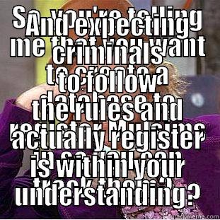 SO, YOU'RE TELLING ME THAT YOU WANT TO CREATE A DATABASE TO REGISTER MULSIMS IN SO YOU CAN TRACK THEM?   AND EXPECTING CRIMINALS TO FOLLOW THE RULES AND ACTUALLY REGISTER IS WITHIN YOUR UNDERSTANDING? Condescending Wonka