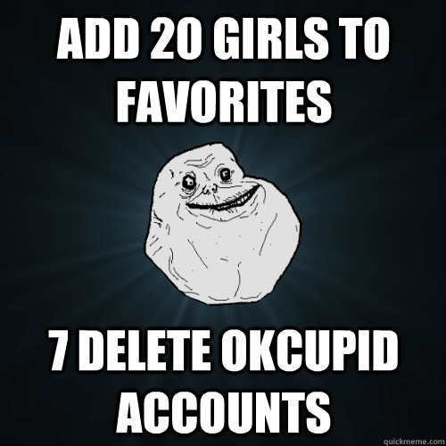 Add 20 girls to favorites 7 delete okcupid accounts  Forever Alone