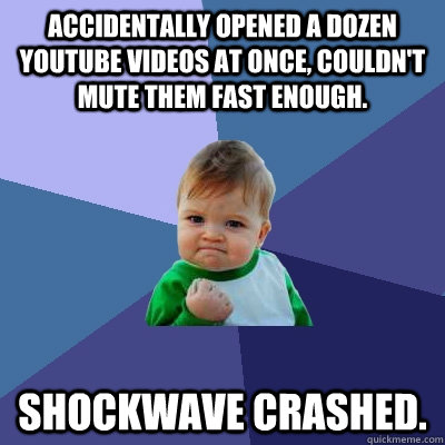 Accidentally opened a dozen YouTube videos at once, couldn't mute them fast enough. Shockwave crashed. - Accidentally opened a dozen YouTube videos at once, couldn't mute them fast enough. Shockwave crashed.  Success Kid