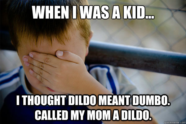 When I was a kid... I thought dildo meant dumbo.  Called my mom a dildo.  Confession kid