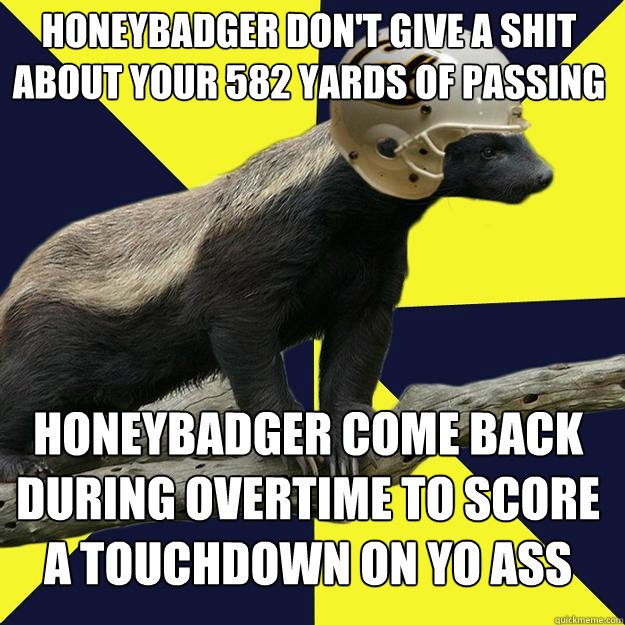 Honeybadger don't give a shit about your 582 yards of passing honeybadger come back during overtime to score a touchdown on yo ass  