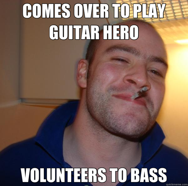 COMES OVER TO PLAY GUITAR HERO VOLUNTEERS TO BASS  Good Guy Greg 