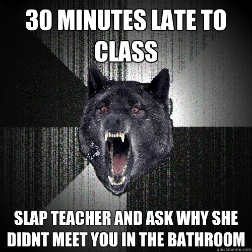 30 minutes late to class Slap teacher and ask why she didnt meet you in the bathroom  Insanity Wolf