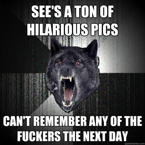 See's a ton of hilarious pics Can't remember any of the fuckers the next day  Insanity Wolf