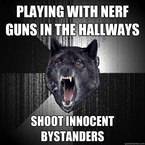 Playing with nerf guns in the hallways shoot innocent bystanders  Insanity Wolf