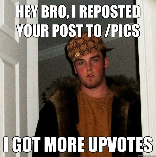 hey bro, i reposted your post to /pics i got more upvotes  Scumbag Steve