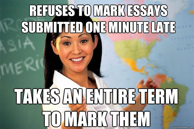 refuses to mark essays submitted one minute late takes an entire term to mark them  Unhelpful High School Teacher