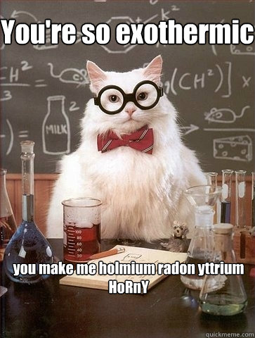 You're so exothermic you make me holmium radon yttrium
HoRnY - You're so exothermic you make me holmium radon yttrium
HoRnY  Chemistry Cat