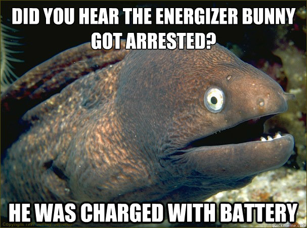 Did you hear the energizer bunny got arrested? He was charged with battery  Bad Joke Eel