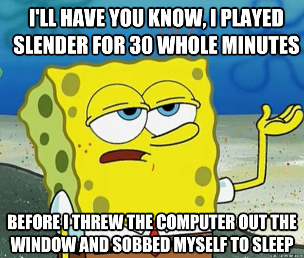 I'll have you know, I played slender for 30 whole minutes before I threw the computer out the window and sobbed myself to sleep  How tough am I