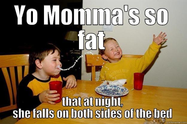 YO MOMMA'S SO FAT THAT AT NIGHT, SHE FALLS ON BOTH SIDES OF THE BED yo mama is so fat