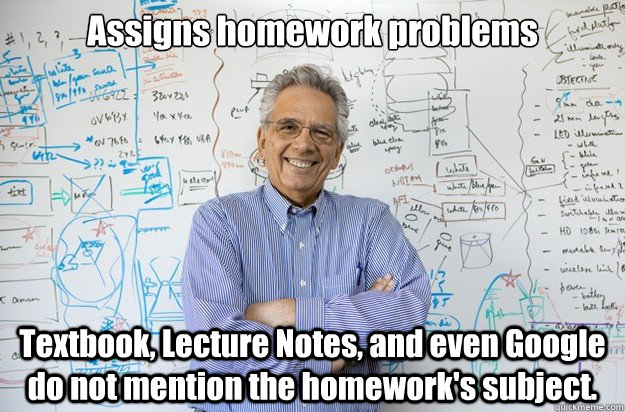 Assigns homework problems Textbook, Lecture Notes, and even Google do not mention the homework's subject. - Assigns homework problems Textbook, Lecture Notes, and even Google do not mention the homework's subject.  Engineering Professor