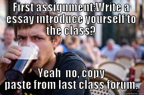 FIRST ASSIGNMENT:WRITE A ESSAY INTRODUCE YOURSELF TO THE CLASS? YEAH  NO, COPY PASTE FROM LAST CLASS FORUM. Lazy College Senior