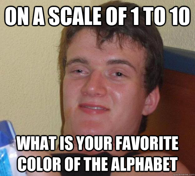 On a scale of 1 to 10 What is your favorite color of the alphabet  10 Guy