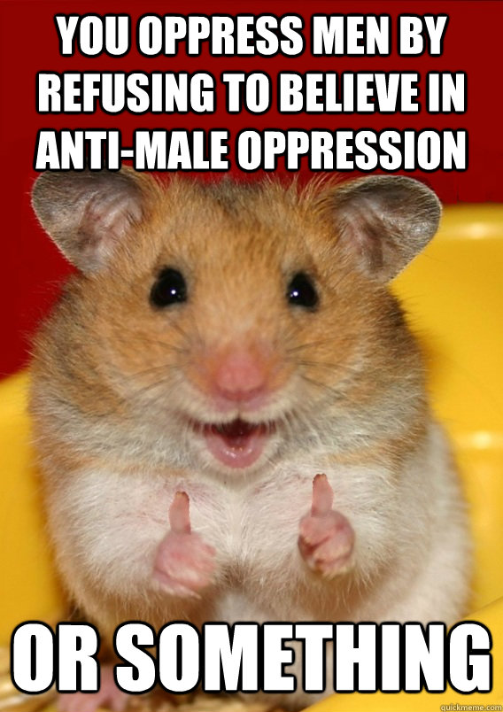 you oppress men by refusing to believe in anti-male oppression or something   Rationalization Hamster