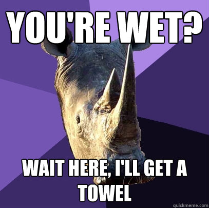 you're wet? wait here, I'll get a towel  Sexually Oblivious Rhino