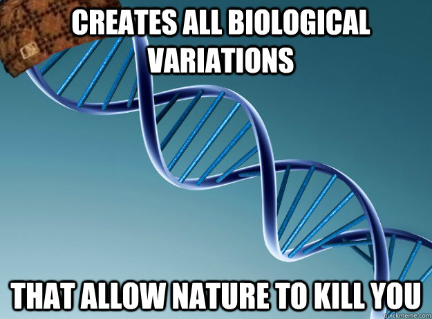 creates all biological variations that allow nature to kill you - creates all biological variations that allow nature to kill you  Scumbag Genetics