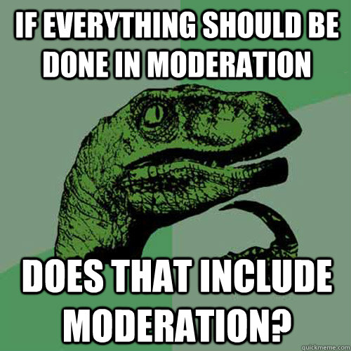 IF EVERYTHING SHOULD BE DONE IN MODERATION dOES THAT INCLUDE MODERATION?  Philosoraptor