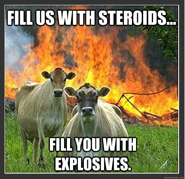 Fill us with steroids... Fill you with explosives.  Evil cows