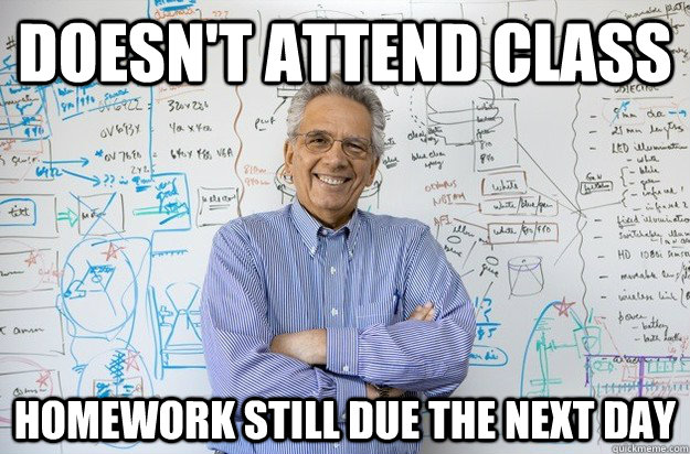 Doesn't attend class HOMEwork still due the next day - Doesn't attend class HOMEwork still due the next day  Engineering Professor