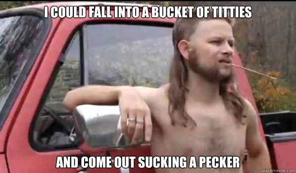 I could fall into a bucket of titties and come out sucking a pecker  Almost Politically Correct Redneck