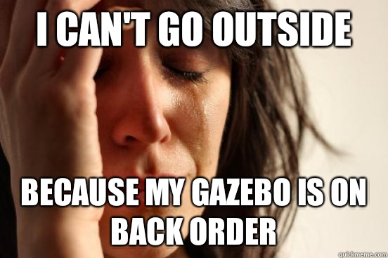 I can't go outside because my gazebo is on back order  First World Problems