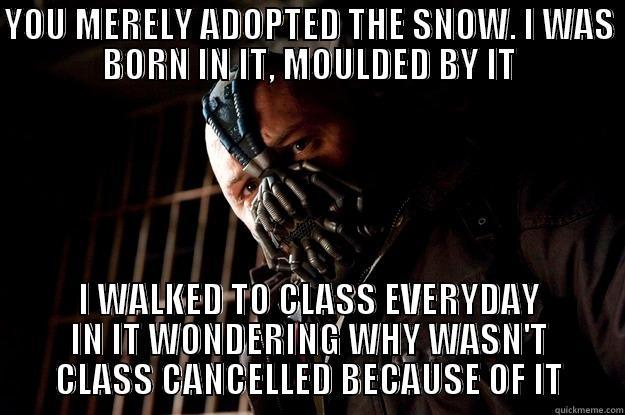 YOU MERELY ADOPTED THE SNOW. I WAS BORN IN IT, MOULDED BY IT I WALKED TO CLASS EVERYDAY IN IT WONDERING WHY WASN'T CLASS CANCELLED BECAUSE OF IT Angry Bane