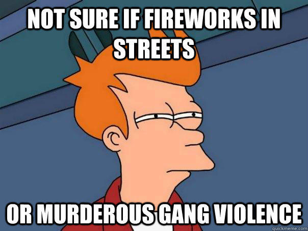 not sure if fireworks in streets or murderous gang violence - not sure if fireworks in streets or murderous gang violence  Futurama Fry