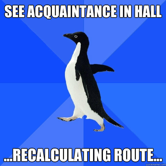 see acquaintance in hall  ...recalculating route... - see acquaintance in hall  ...recalculating route...  Socially Awkward Penguin