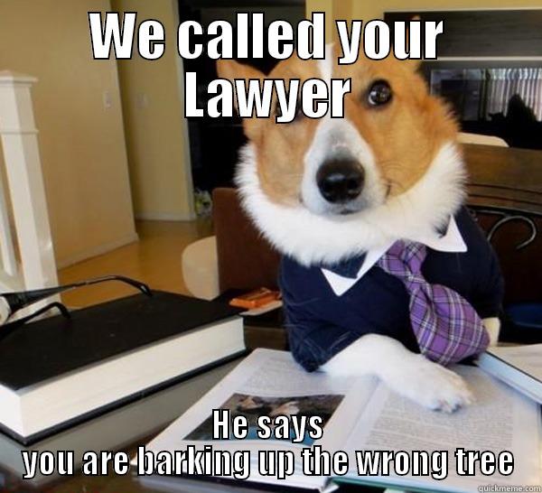 WE CALLED YOUR LAWYER HE SAYS YOU ARE BARKING UP THE WRONG TREE Lawyer Dog