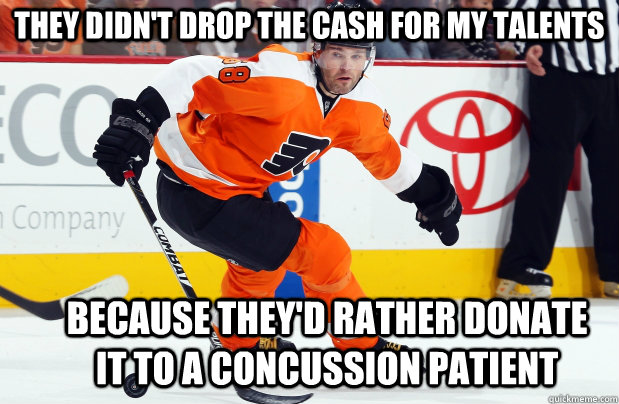 They didn't drop the cash for my talents  because they'd rather donate it to a concussion patient - They didn't drop the cash for my talents  because they'd rather donate it to a concussion patient  Jaromir Jagr Flyer