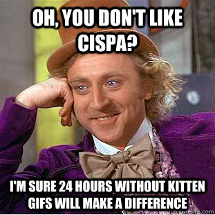 Oh, you don't like cispa? i'm sure 24 hours without kitten gifs will make a difference  Condescending Wonka