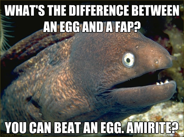 What's the difference between an egg and a fap? You can beat an egg. Amirite?  Bad Joke Eel