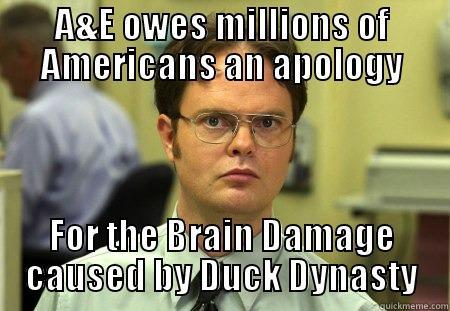 Dear A&E - A&E OWES MILLIONS OF AMERICANS AN APOLOGY FOR THE BRAIN DAMAGE CAUSED BY DUCK DYNASTY Schrute