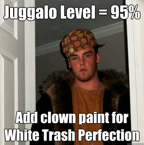 Juggalo Level = 95% Add clown paint for White Trash Perfection  Scumbag Steve