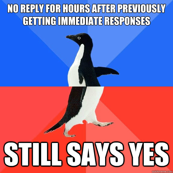 no reply for hours after previously getting immediate responses still says yes - no reply for hours after previously getting immediate responses still says yes  Socially Awkward Awesome Penguin