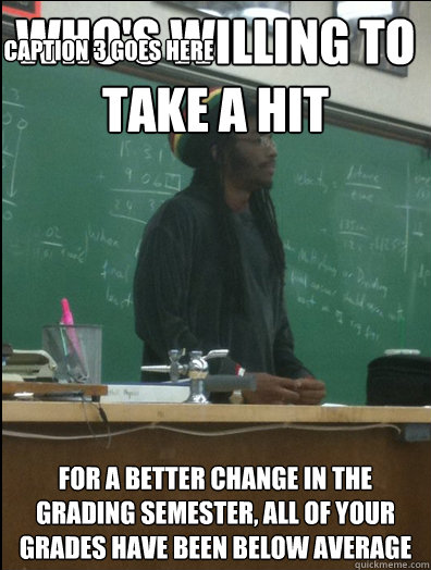 Who's willing to take a hit for a better change in the grading semester, all of your grades have been below average Caption 3 goes here  Rasta Science Teacher