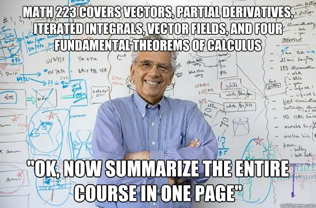 math 223 covers vectors, partial derivatives, iterated integrals, vector fields, and four fundamental theorems of calculus 