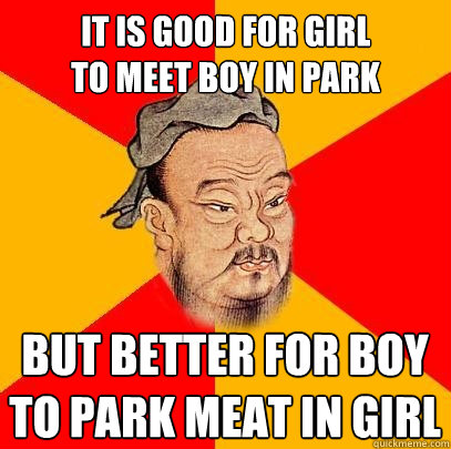 It is good for girl 
to meet boy in park but better for boy 
to park meat in girl  Confucius says