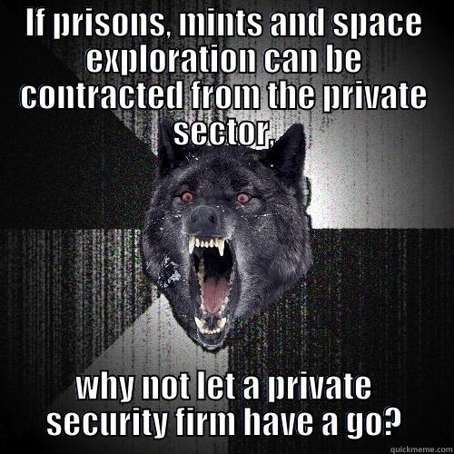 because encarceration carries no implications... - IF PRISONS, MINTS AND SPACE EXPLORATION CAN BE CONTRACTED FROM THE PRIVATE SECTOR, WHY NOT LET A PRIVATE SECURITY FIRM HAVE A GO? Insanity Wolf