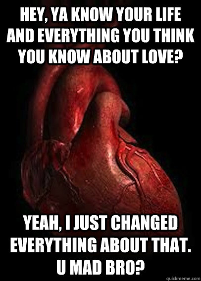 Hey, ya know your life and everything you think you know about love? yeah, I just changed everything about that.                                                u mad bro?  Scumbag Heart