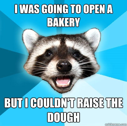 I WAS GOING TO OPEN A BAKERY BUT I COULDN'T RAISE THE DOUGH  Lame Pun Coon