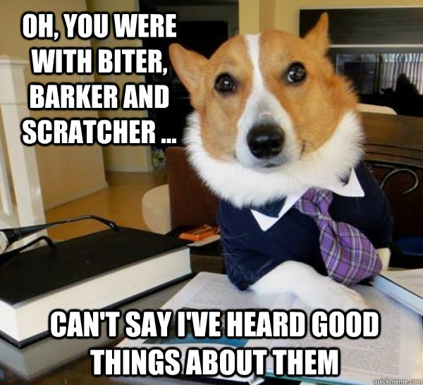 Oh, you were with Biter, Barker and Scratcher ... Can't say I've heard good things about them  Lawyer Dog