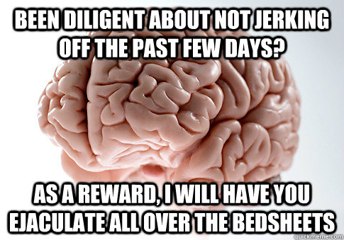 Been diligent about not jerking off the past few days? As a reward, I will have you ejaculate all over the bedsheets  Scumbag Brain