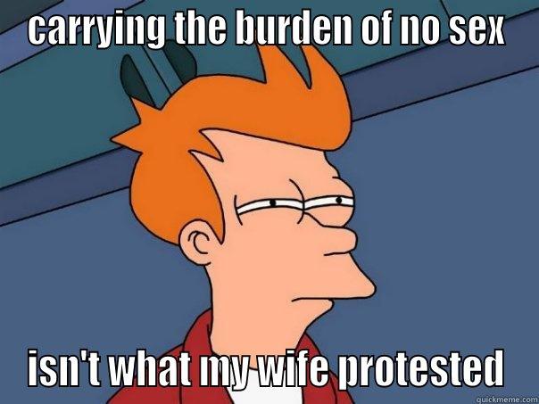 CARRYING THE BURDEN OF NO SEX ISN'T WHAT MY WIFE PROTESTED Futurama Fry