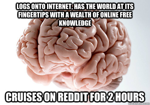 logs onto internet, has the world at its fingertips with a wealth of online free knowledge cruises on reddit for 2 hours  Scumbag Brain