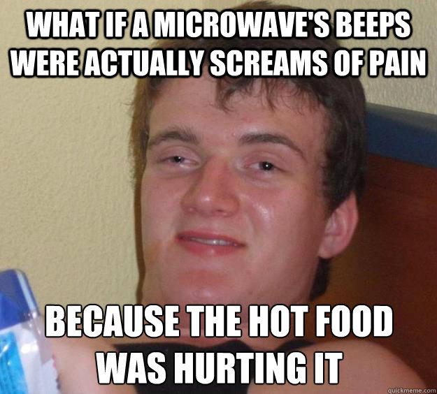 What if a microwave's beeps were actually screams of pain  because the hot food was hurting it
  10 Guy