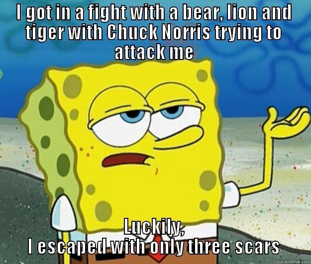 I GOT IN A FIGHT WITH A BEAR, LION AND TIGER WITH CHUCK NORRIS TRYING TO ATTACK ME LUCKILY, I ESCAPED WITH ONLY THREE SCARS Tough Spongebob