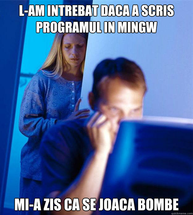 L-am intrebat daca a scris programul in MinGW Mi-a zis ca se joaca bombe  Redditors Wife